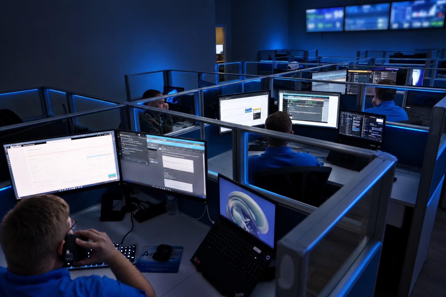 AdvanTech operations center in Byron, GA with technicians monitoring client networks